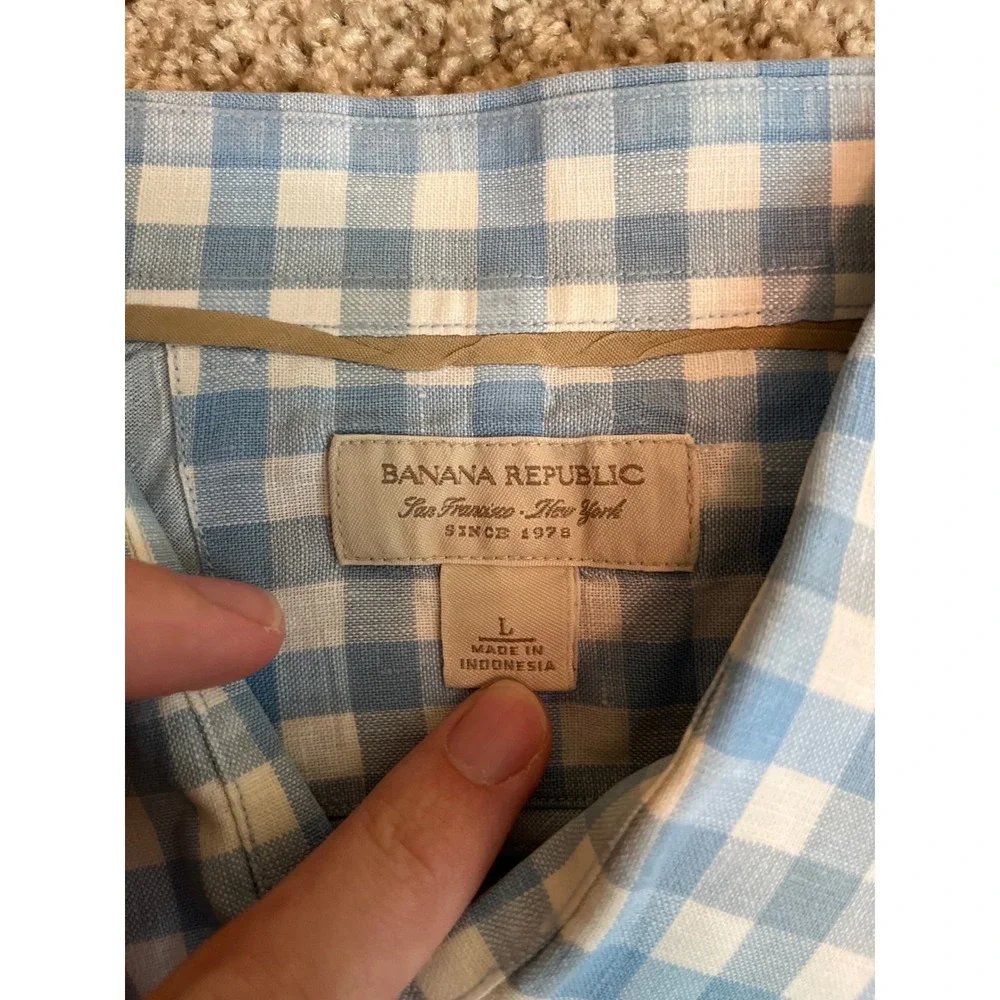 Banana Republic Men's 100% Linen Button Down Shirt Large Blue Gingham Plaid